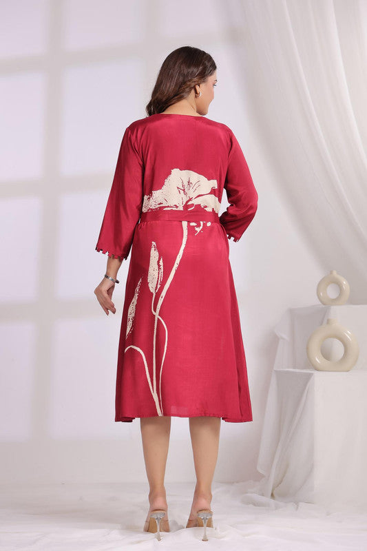 Red Floral Printed Russian Silk Midi Dress with Belt