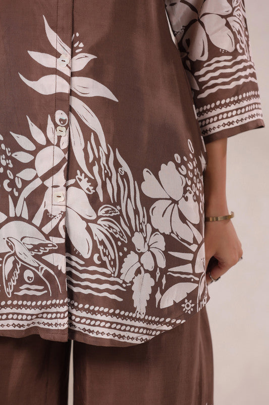 Mocha Botanical Printed Russian Silk Co-ord Set