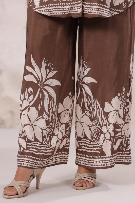 Mocha Botanical Printed Russian Silk Co-ord Set