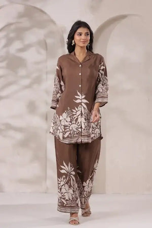 Mocha Printed Russian Silk Co-ord Set