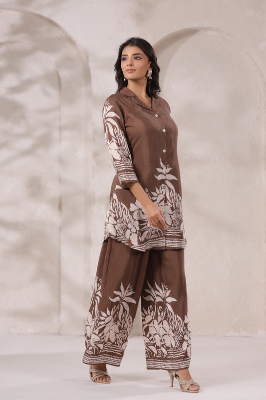 Mocha Botanical Printed Russian Silk Co-ord Set