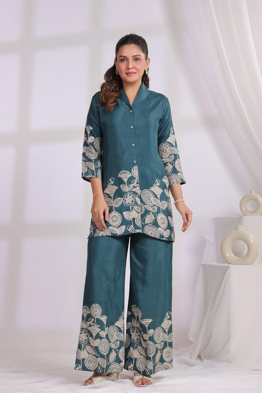 Mystic Leaf Printed Green Russian Silk Co-ord Set