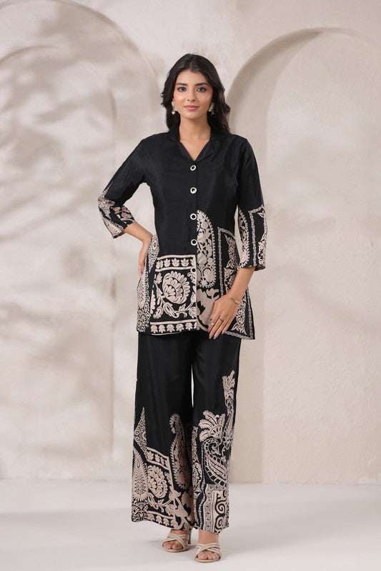 Black & Beige Ornate Printed Russian Silk Co-ord Set