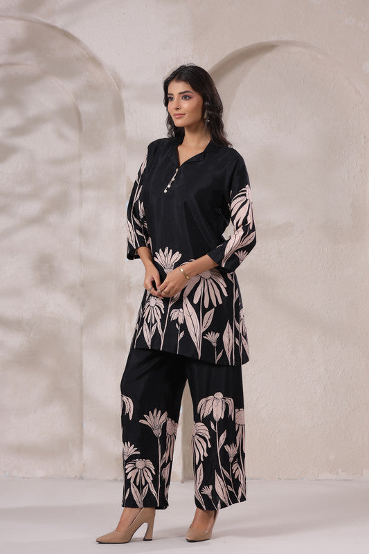 Black Daisy Floral Printed Russian Silk Co-ord Set