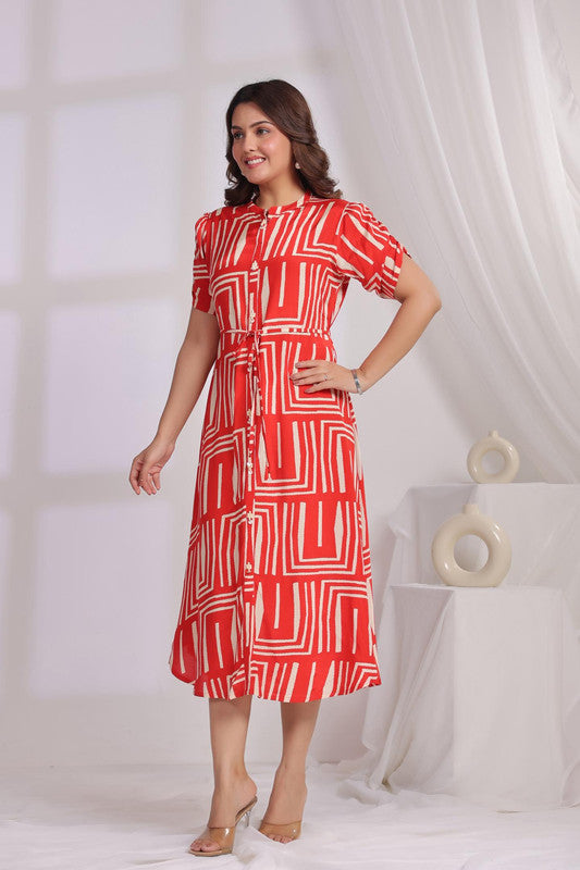 Contemporary Red Graphic Pattern Russian Silk Shirt Dress