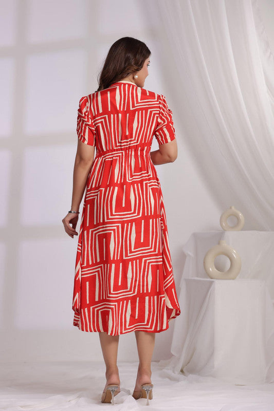 Contemporary Red Graphic Pattern Russian Silk Shirt Dress