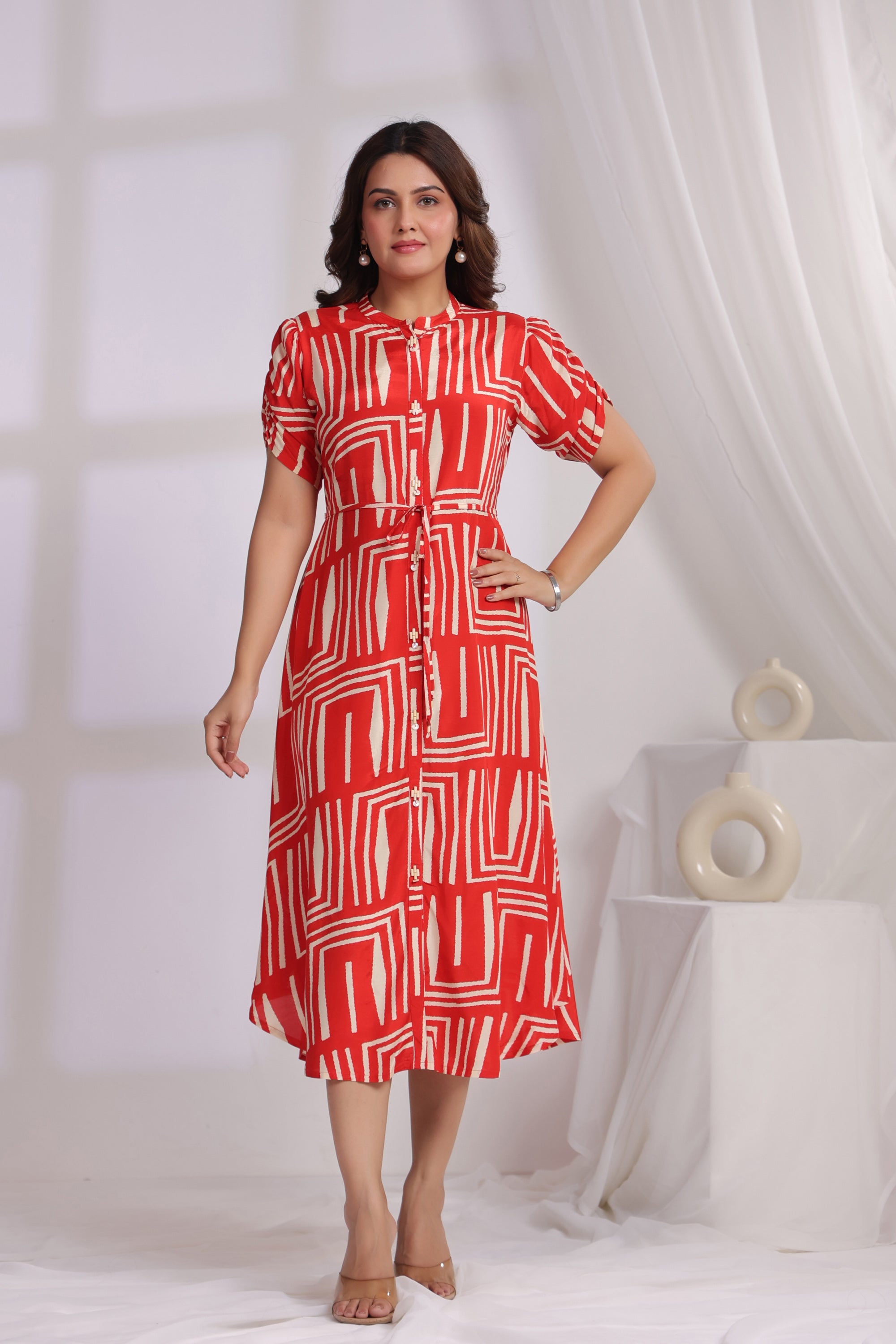 Contemporary Red Graphic Pattern Russian Silk Shirt Dress
