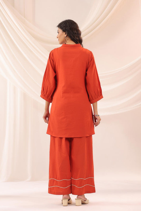 Rust Red Crane Embroidered Cotton Co-ord Set