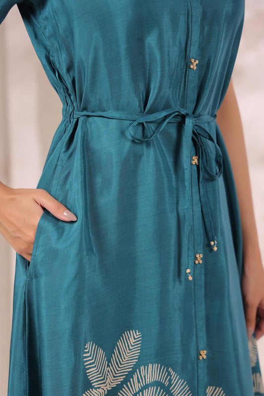 Teal Green Handcrafted Floral Printed Russian Silk Midi Dress