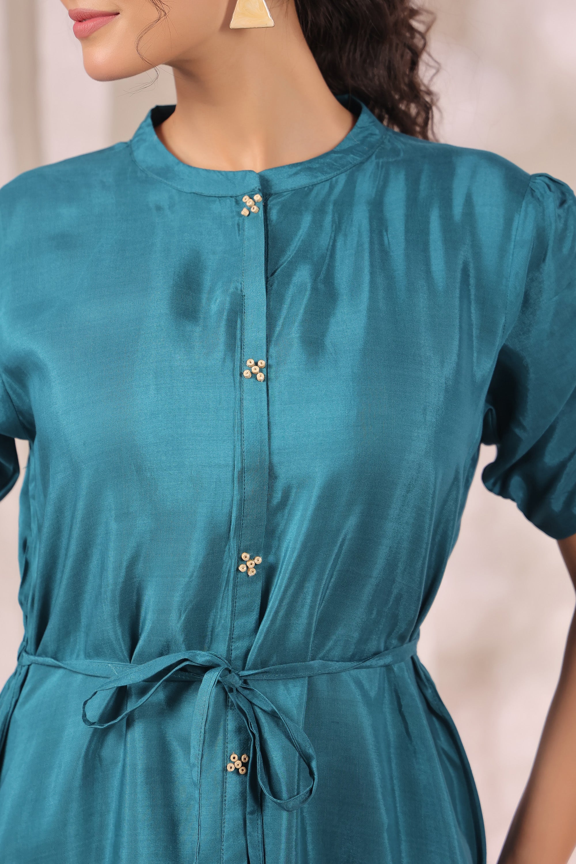 Teal Green Handcrafted Floral Russian Silk Midi Dress