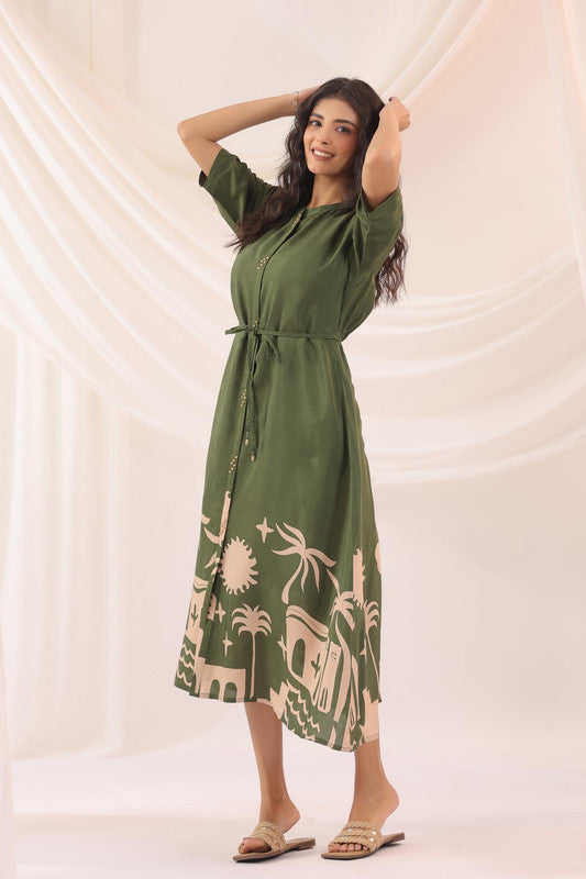 Olive Haven Scenic Printed Russian Silk Dress