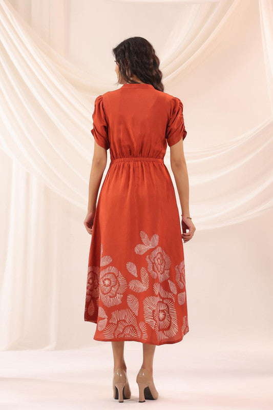 Orange Abstract Floral Russian Silk Midi Dress