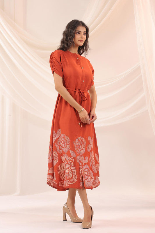 Orange Abstract Floral Russian Silk Midi Dress