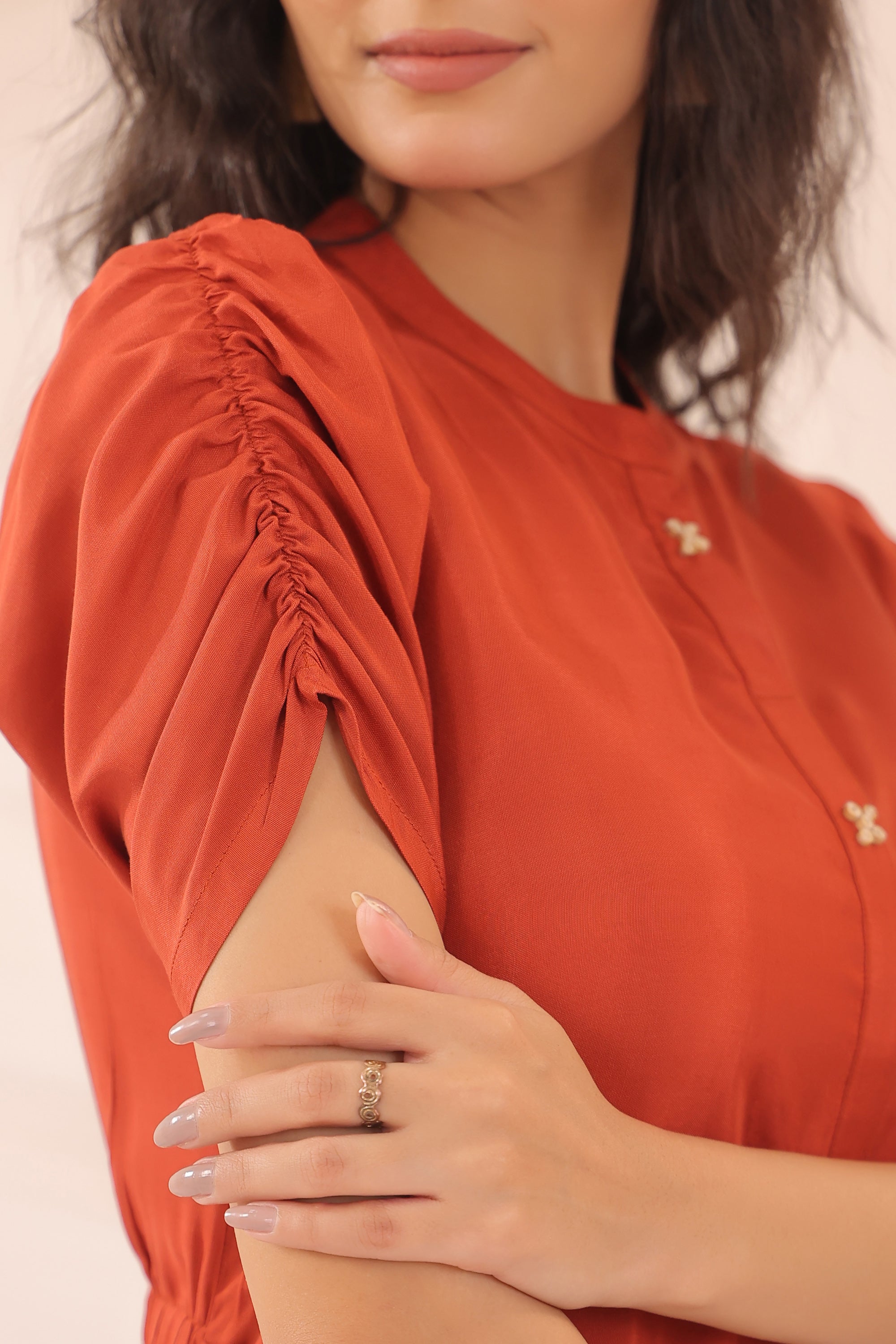 Rust Abstract Floral Russian Silk Midi Dress