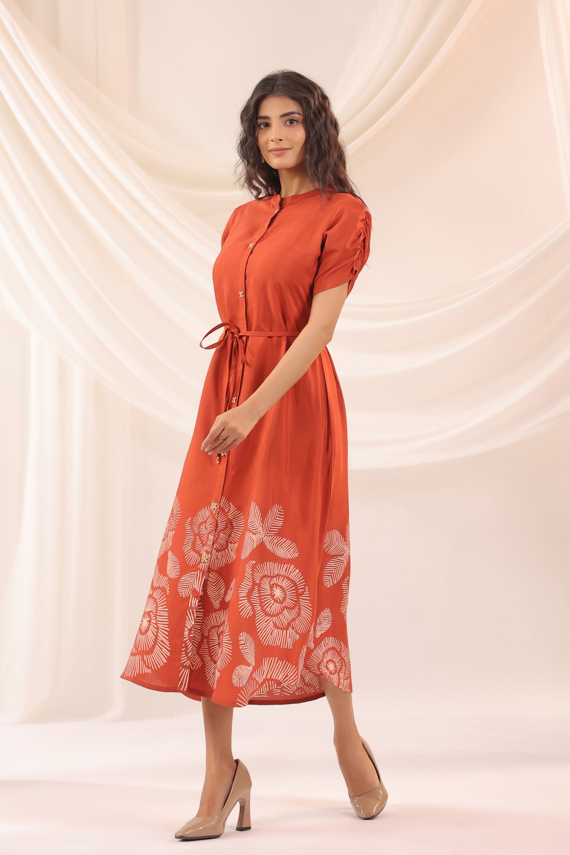 Rust Abstract Floral Russian Silk Midi Dress