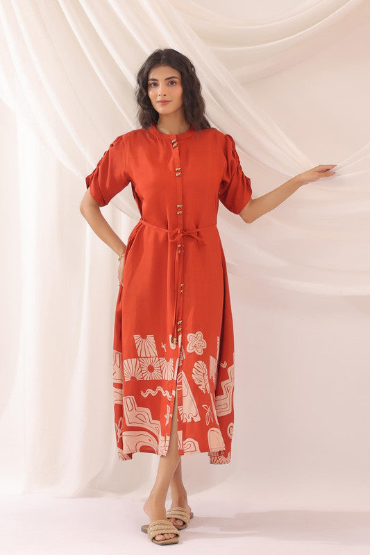 Rust Orange Artistic Printed Shirt Dress in Russian Silk