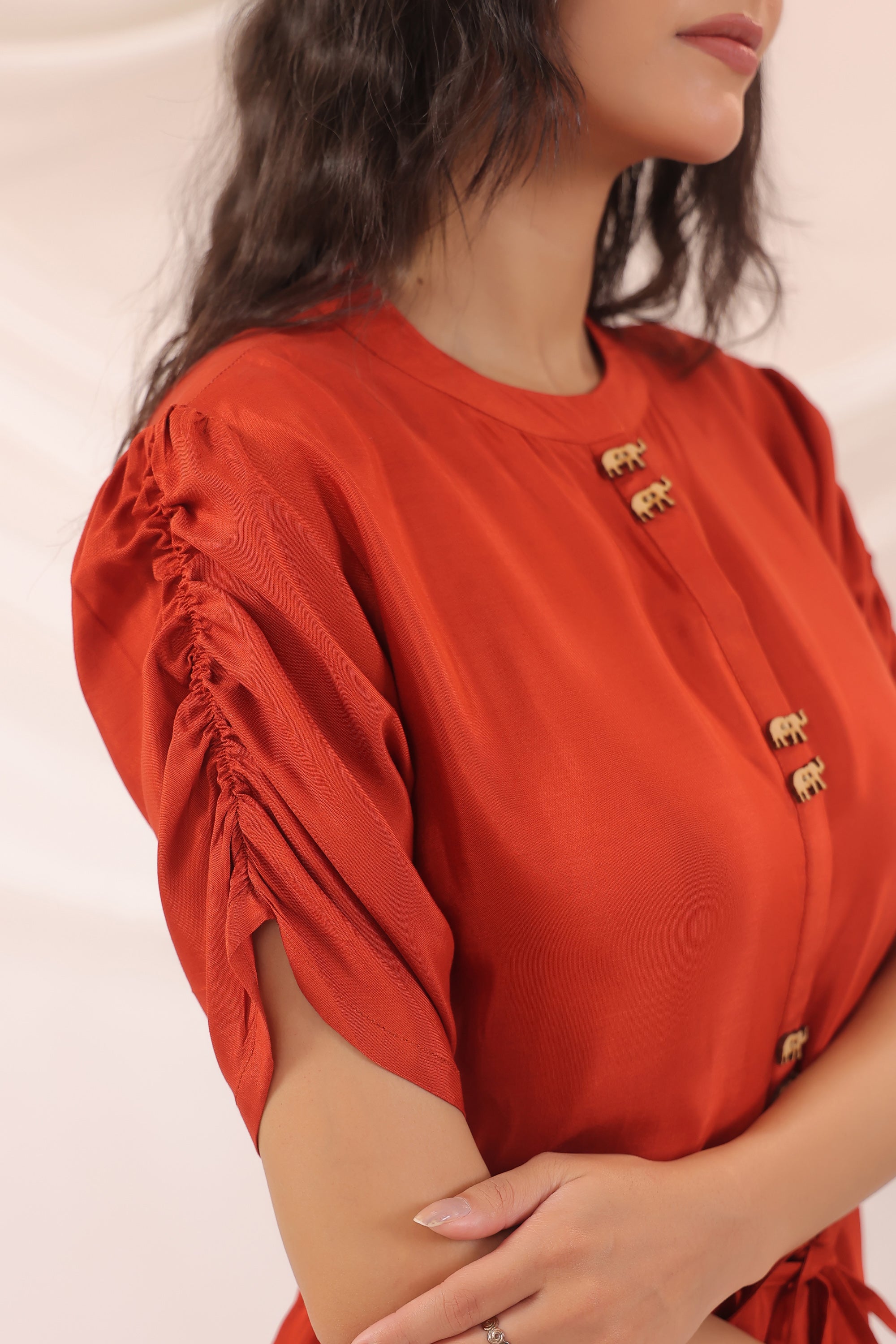 Rust Orange Artistic Printed Shirt Dress in Russian Silk