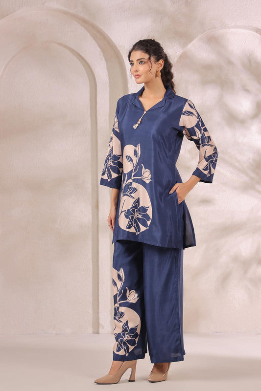 Midnight Bloom Floral Blue Printed Russian Silk Co-ord Set