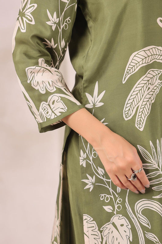 Tropical Jungle Olive Printed Russian Silk Co-ord Set