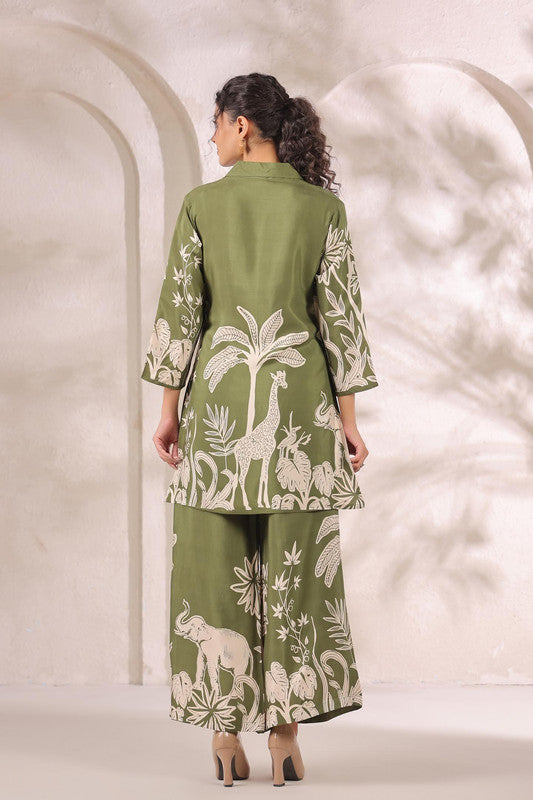 Tropical Jungle Olive Printed Russian Silk Co-ord Set