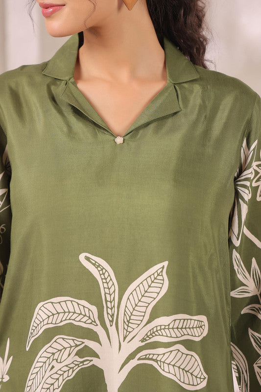 Tropical Jungle Olive Printed Russian Silk Co-ord Set