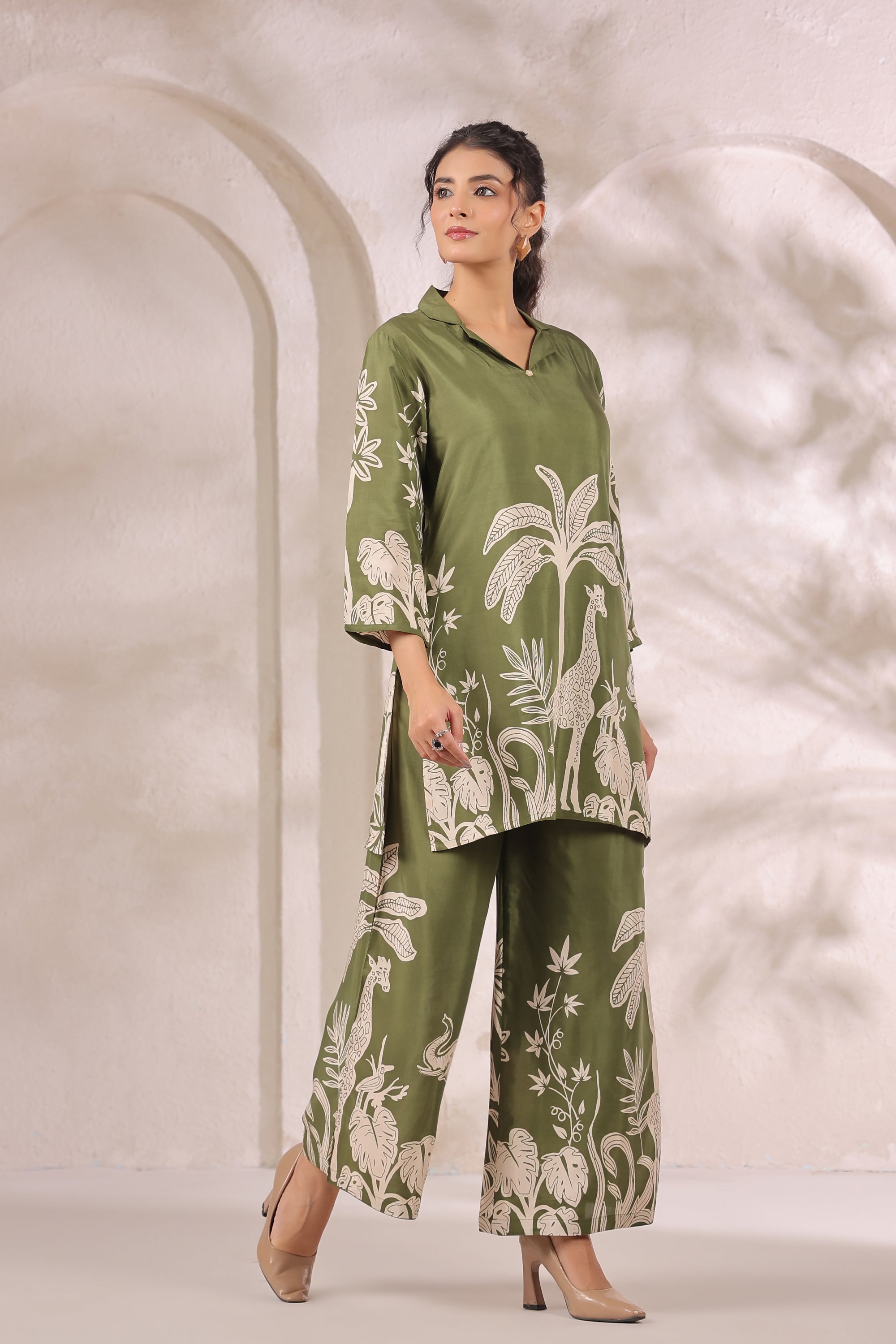 Tropical Jungle Olive Printed Russian Silk Co-ord Set