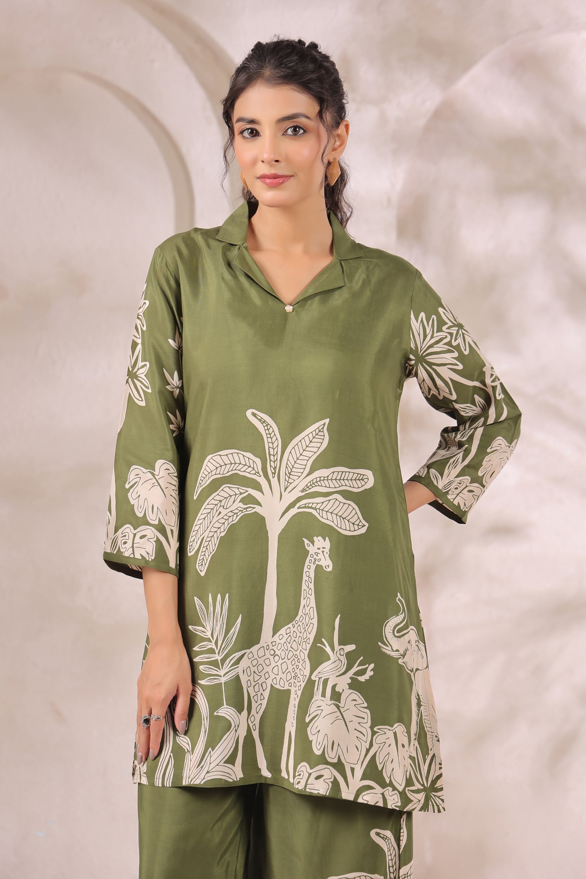 Tropical Jungle Olive Printed Russian Silk Co-ord Set