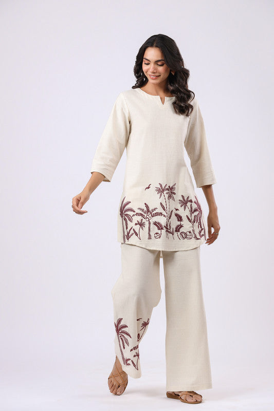 Tropical Oasis Embroidered White Cotton Flex Co-ord Set