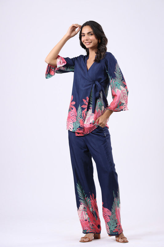 Navy Tropics  Russian Silk Co-ord Set