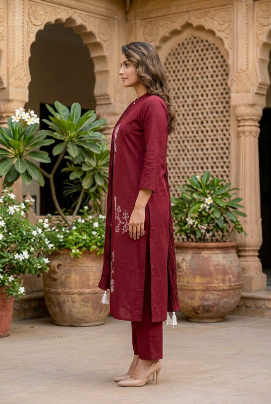 Maroon Charm Floral Embroidered Cotton Kurta Set with Tassel Dupatta