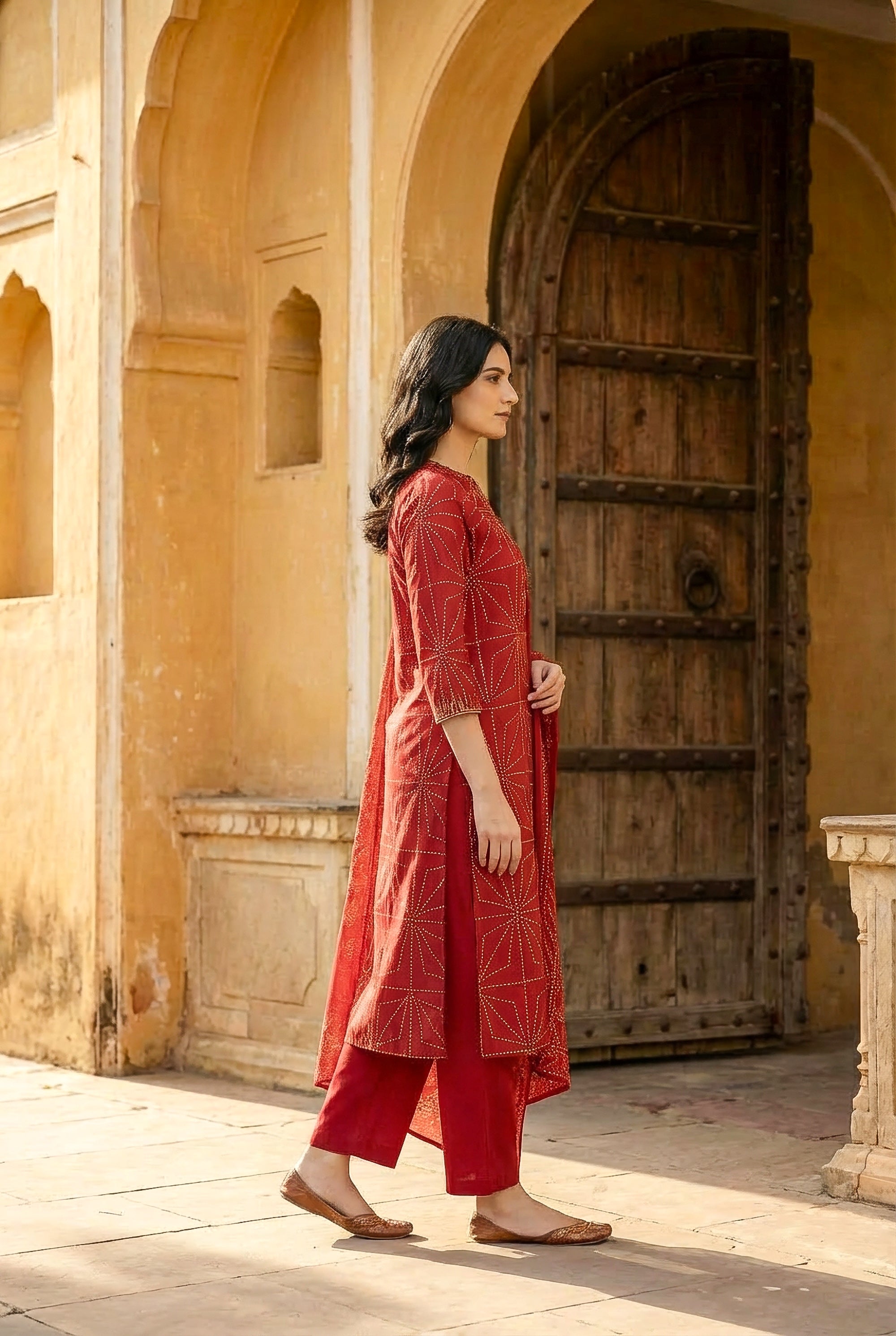 Classic Crimson Bandhani Motif Kurta Set with Dupatta