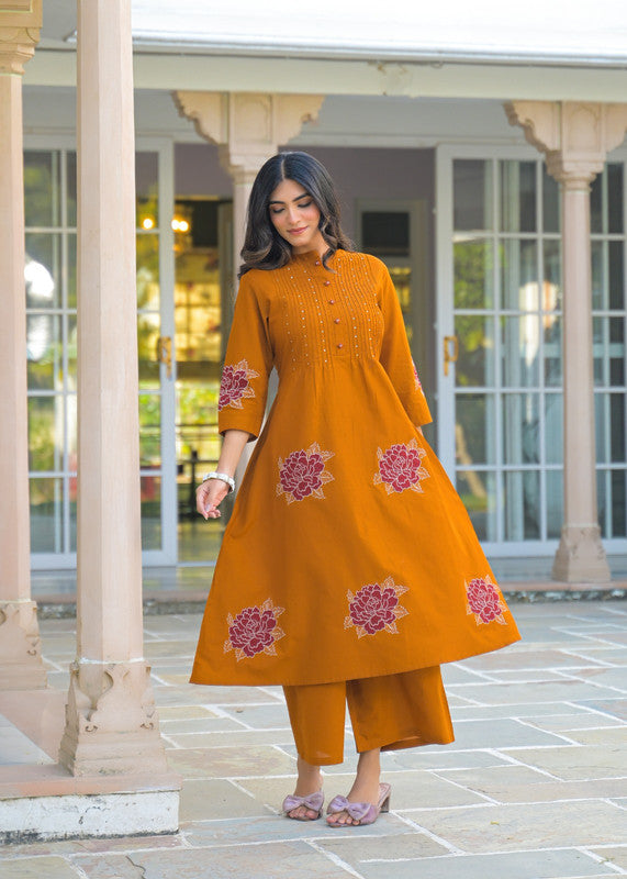 Mustard Ethnic Motif Embroidered Kurta Pant Set with Dupatta