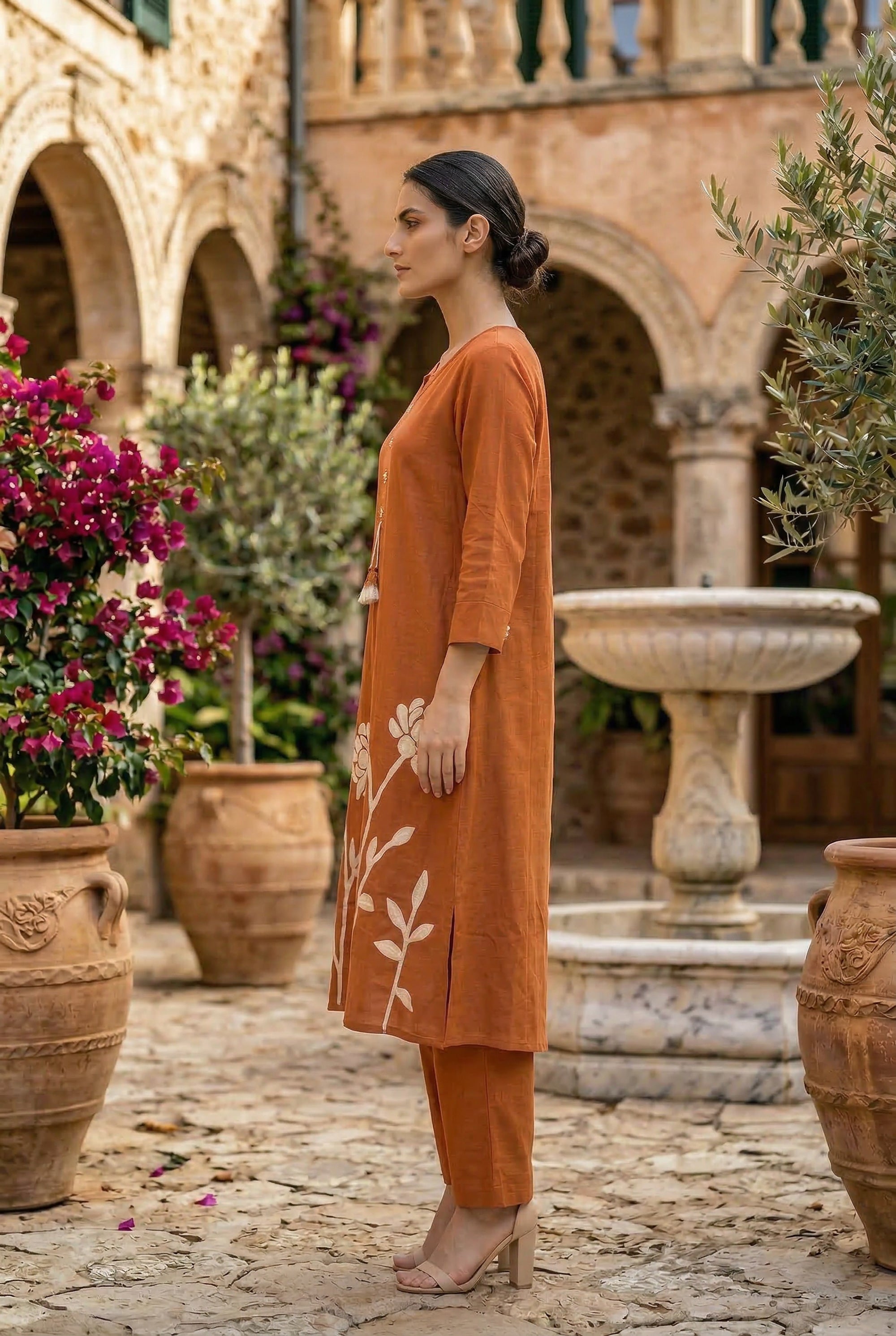 Rust Floral Botanical Ethnic Embroidered Cotton Kurta Set with Dupatta