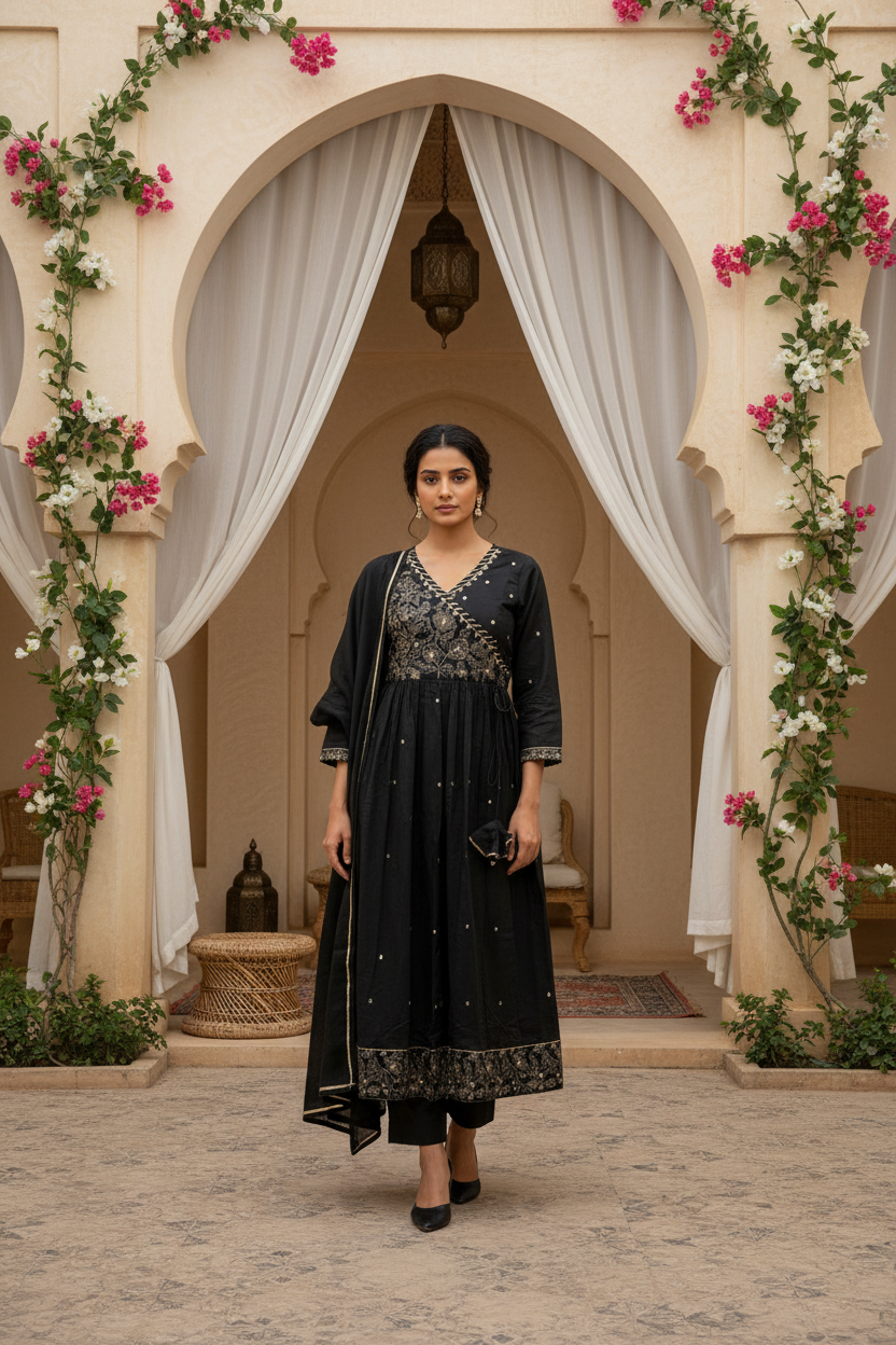 Black Embroidered Anarkali Kurta Pant Set with Dupatta