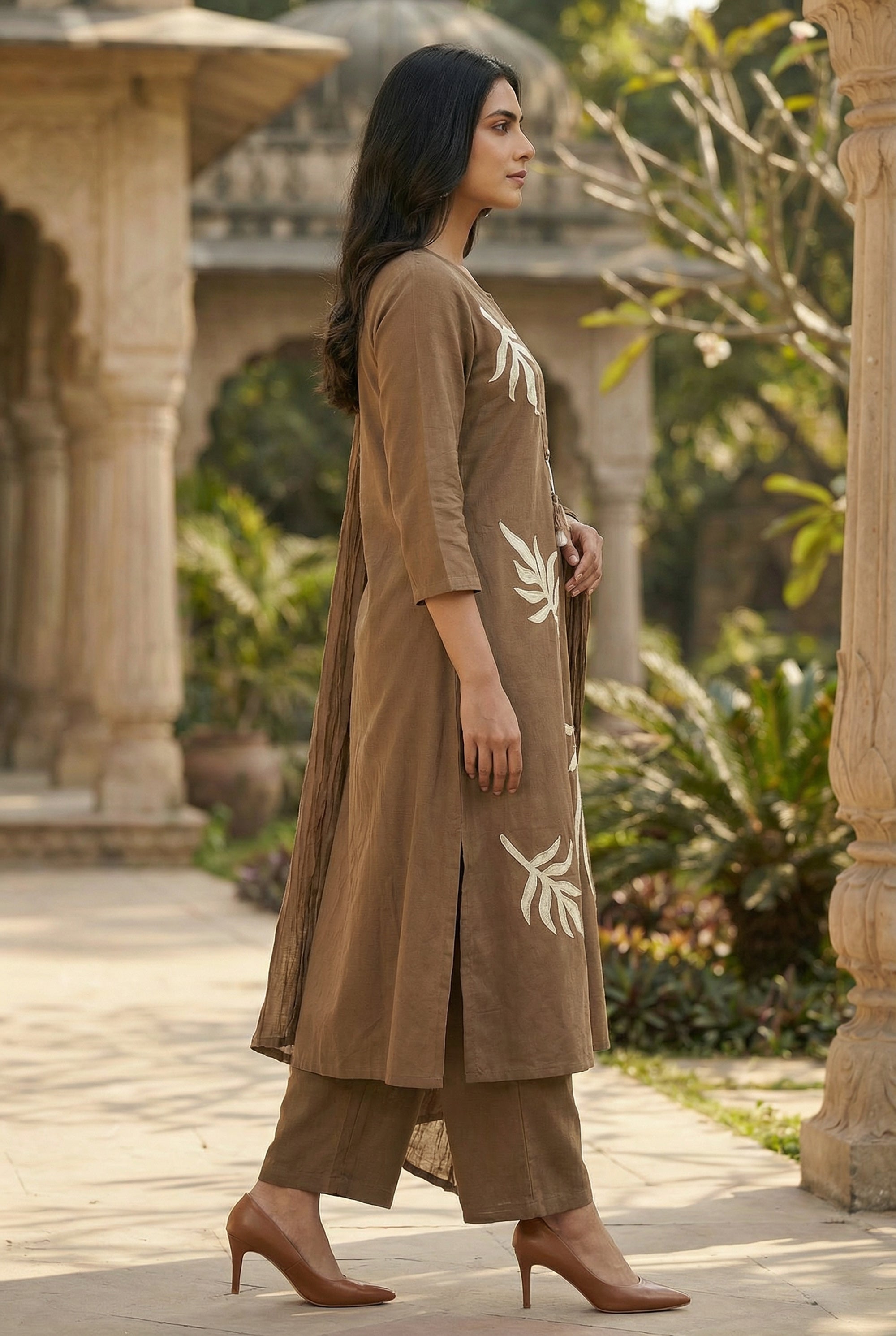 Brown Bird & Leaf Embroidered Cotton Kurta with Straight Pants & Dupatta