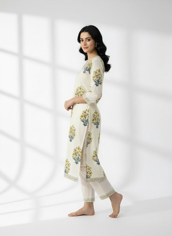 Classic Ivory & Mustard Botanical Printed Kurta Pant Set