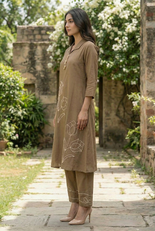 Brown Tulip Floral Embroidered Cotton Co-ord Set