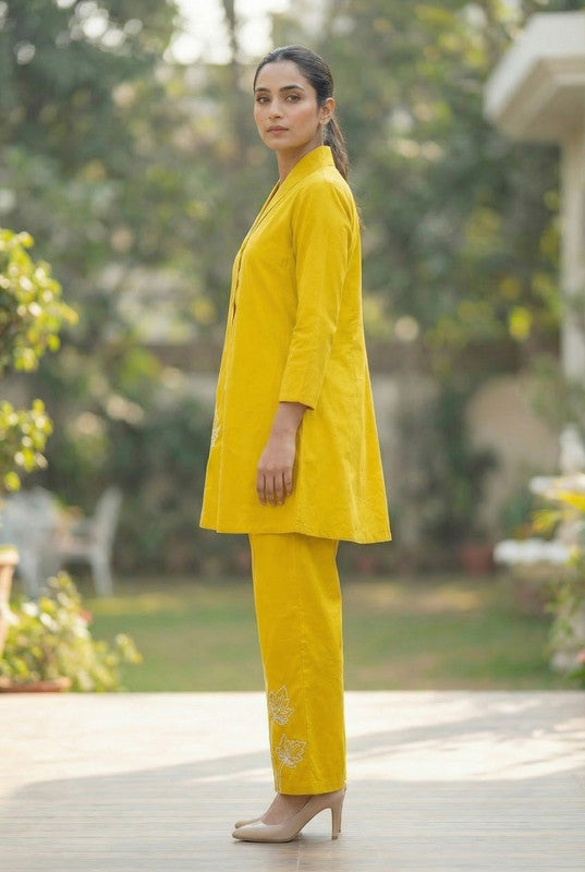 Yellow Sunbeam Leaf Embroidered Button-Down Cotton Co-ord Set