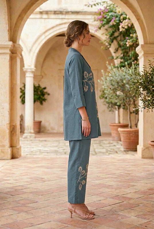 Slate Grey Floral Embroidered Cotton Co-ord Set with Shirt Collar