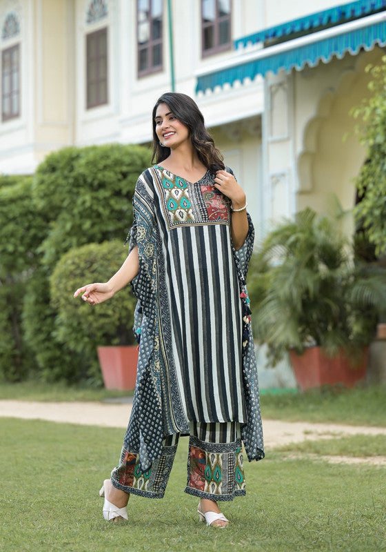 Black & Ivory Striped Printed Kaftan Set