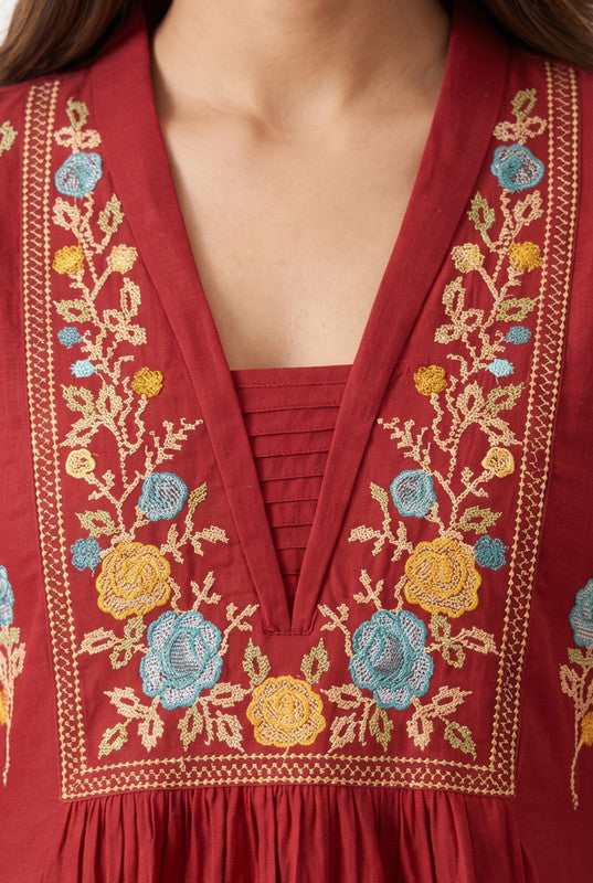 Maroon Floral Premium Embroidered A-Line Cotton Flex Kurta with Wide-Leg Pants