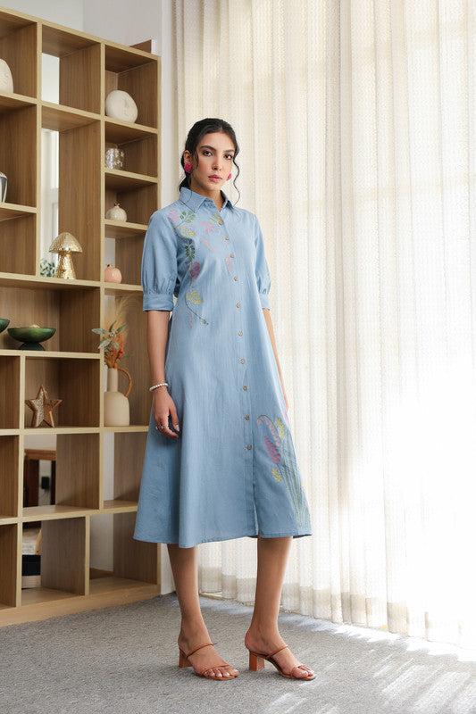 Sky Weave Embroidery Shirt Cotton Flex Dress