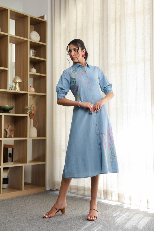 Sky Weave Embroidery Shirt Cotton Flex Dress