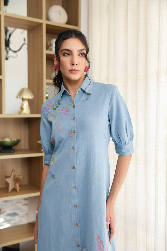 Sky Weave Embroidery Shirt Cotton Flex Dress