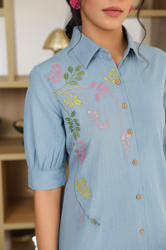 Sky Weave Embroidery Shirt Cotton Flex Dress