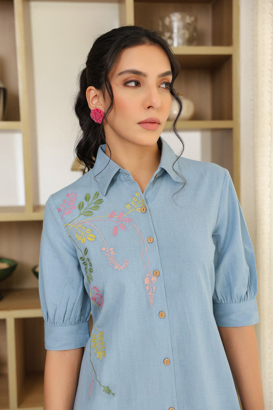 Sky Weave Embroidery Shirt Cotton Flex Dress