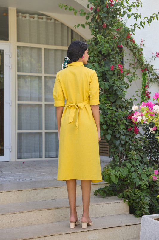 Sunlit Yellow Embroidery Shirt Cotton Flex Dress