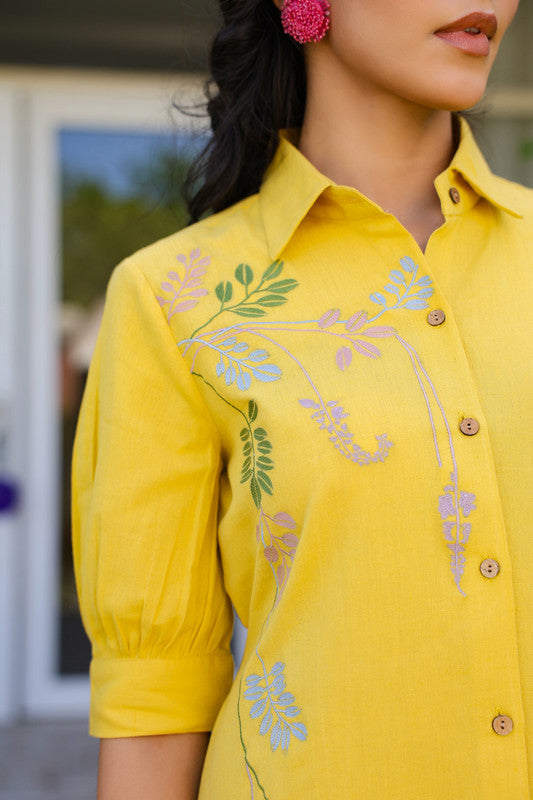 Sunlit Yellow Embroidery Shirt Cotton Flex Dress