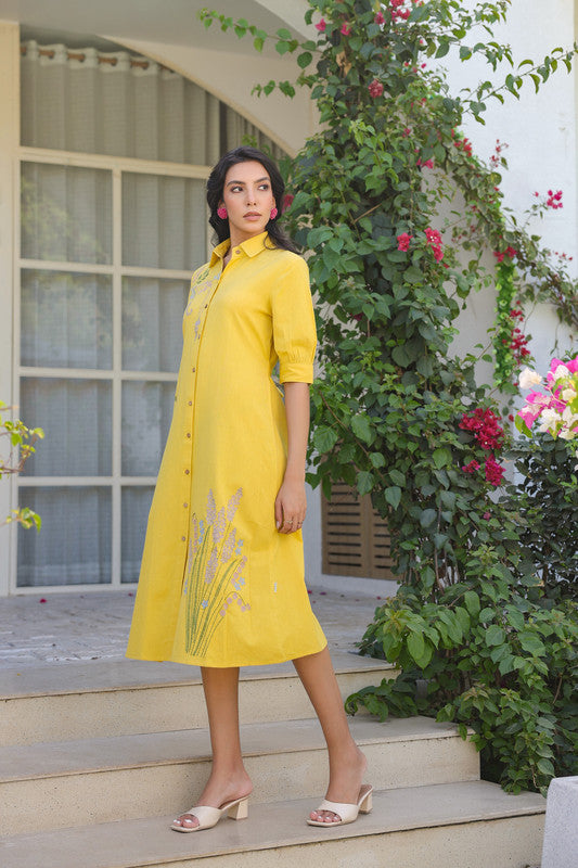 Sunlit Yellow Embroidery Shirt Cotton Flex Dress