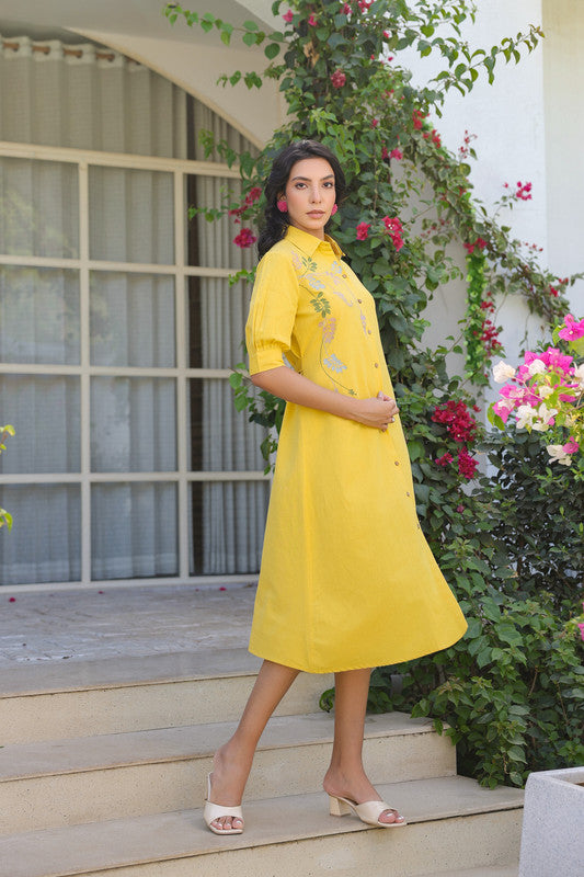 Sunlit Yellow Embroidery Shirt Cotton Flex Dress